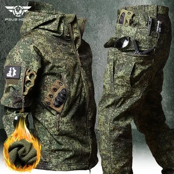 Herren Camo Tactics Set Army Sharkskin Wasserdichte Kapuzenjacke Winter Fleece Work Cargo Anzug Multi-Pocket Softshell Freizeithose