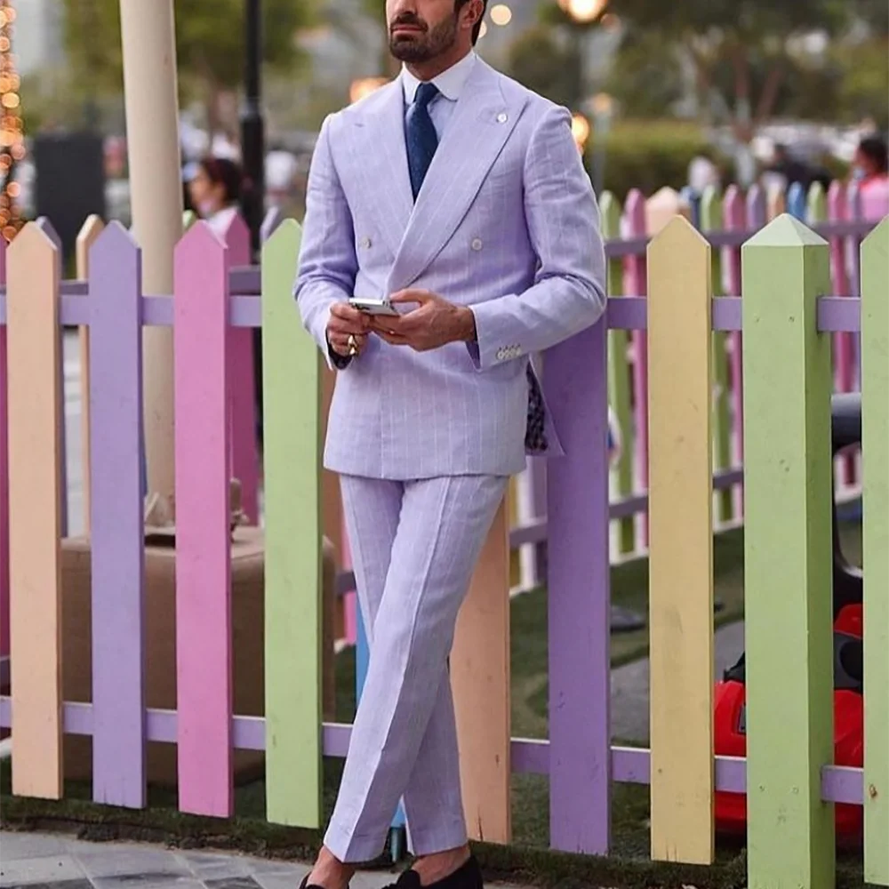 

Light Purple Striped Men Suit England Style Peaked Lapel Double Breasted Classic Male Clothing Wedding Groom Tuxedo Custom Set