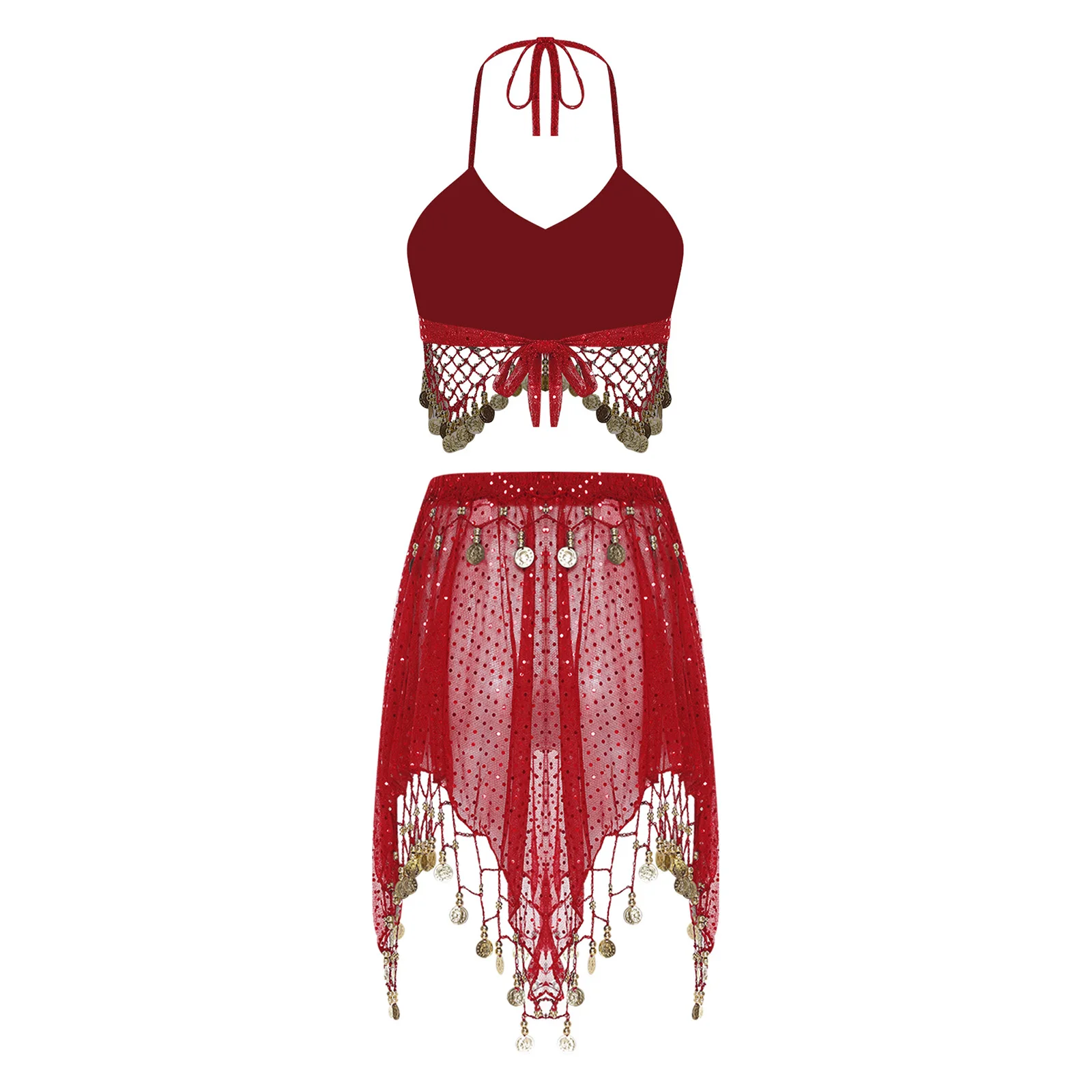 Womens Belly Dance Outfits Tassel Sequined Crop Top with Irregular Hem Skirt for Cultural Festival Dance Performance Costume