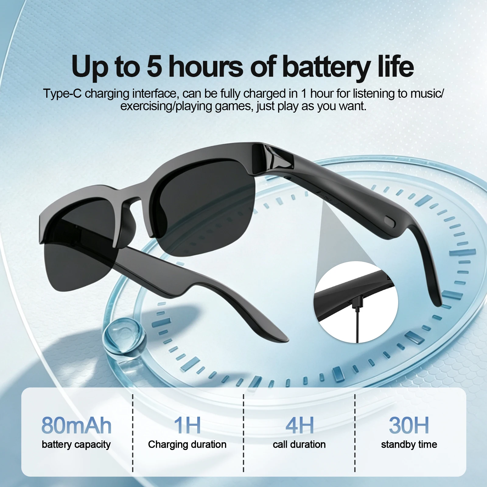 Bluetooth Smart Audio Glasses, Wireless Open-Ear Sunglasses with Built-In Speakers and Microphone, Hands-Free Music & Phone Calls, Portable Sports Eyewear for Running, Cycling, Gym, Cooking, Driving, Travel, Work, iPhone Android Compatible