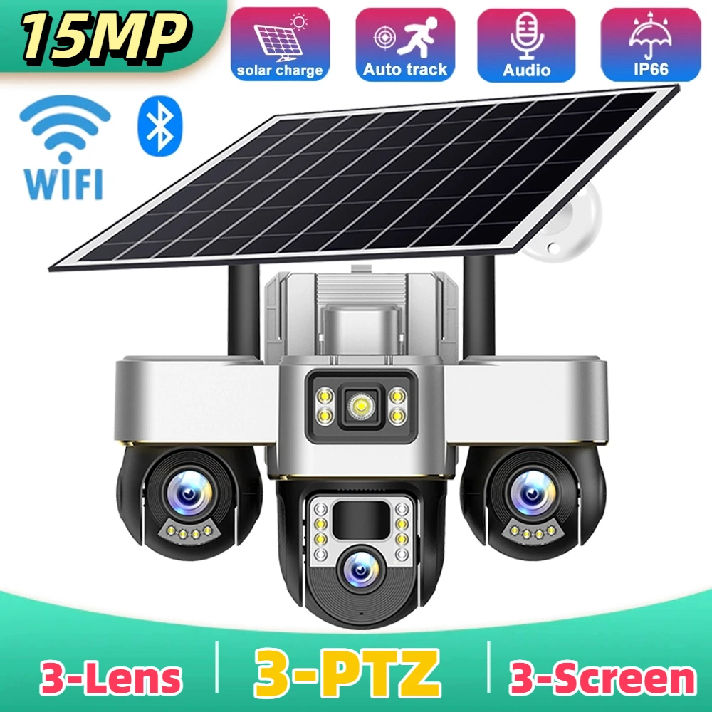 

Солнечная Wi-Fi камера безопасности HD 15MP 3 объектива PTZ 3 экрана 10-кратный зум PIR Камеры обнаружения человека Ночное видение CCTV Защита безопасности