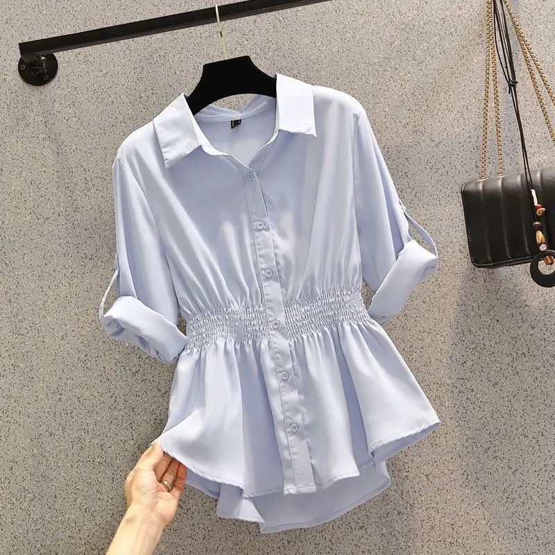 Large Size Belly Covering Slimming French Chiffon Shirt Top for Women\'s Spring Summer Waistband Fashionable Versatile Trendy Top