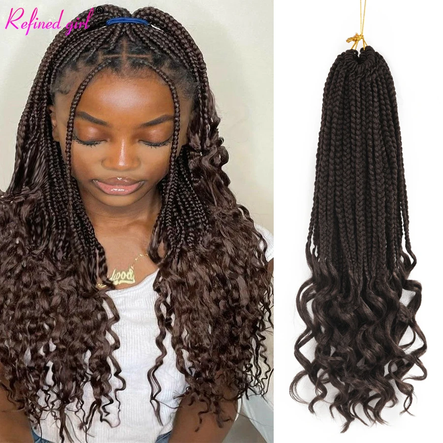 

Curly Ends Box Braids Crochet Hair Pre looped Synthetic Braid Hair Ombre Brown Bohemian Braiding Hair Extensions