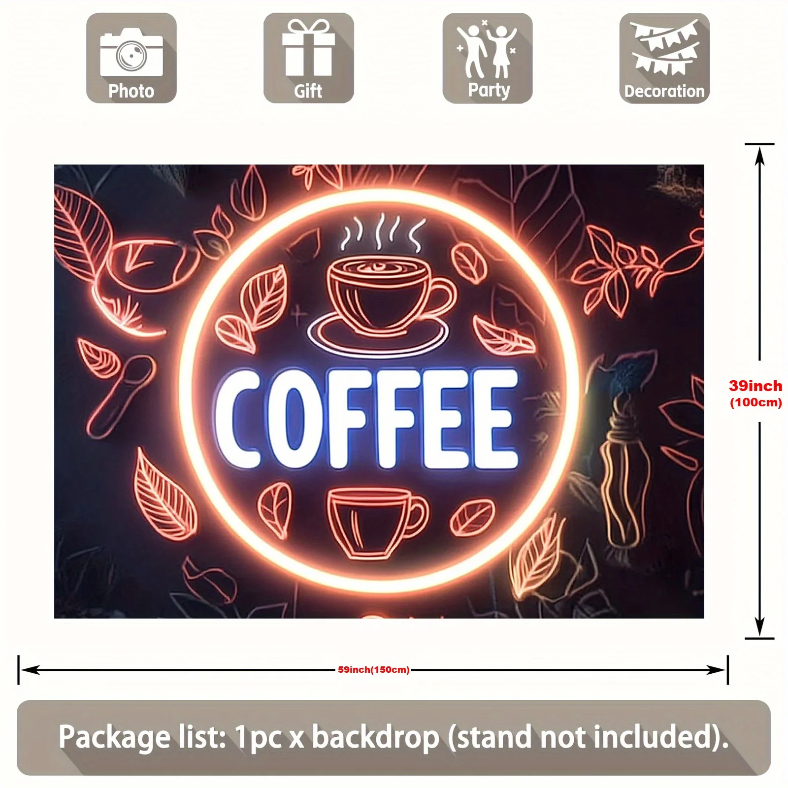 قطعة واحدة من لافتة قهوة نيون بخلفية بوليستر، حروف "قهوة" متوهجة وأنماط حبوب القهوة، ديكور مقهى