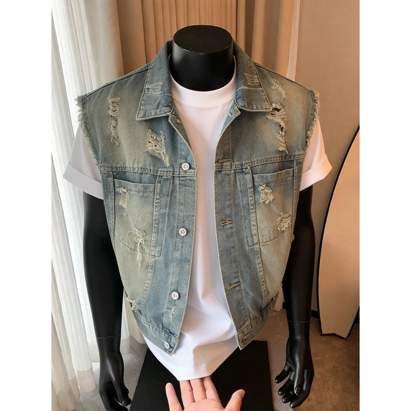 

Retro American Hole Denim Vest Men Summer Waed Svel Tank Top High-End Feeling Jaet Loose Fit Casual Sle Pure Color