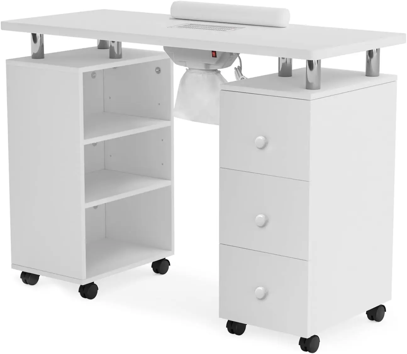 Nail Tech Manicure Desk Station Beauty Salon Downdraft Vent Wrist Cushion Storage Drawers Lockable Wheels Electric Shelves