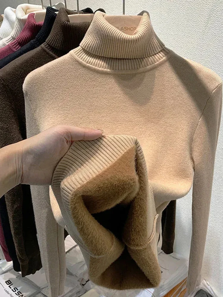 Turtleneck Winter Sweater Women Elegant Thicken Velvet Lined Warm Sueter Knitted Pullover Slim Tops Jersey Knitwear Jumper New