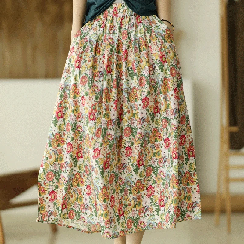 

Women Cotton Skirts Vintage Print Floral Elastic Waist Clothing 2024 Summer New Casual Loose Simple Comfortable Skirt