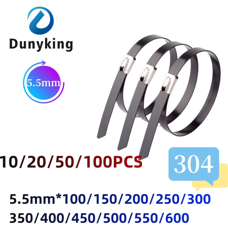 10-100 Pcs Stainless Steel Metal Black Plastic-covered Cable Ties  Metal Zip-Exhaust Multifunctional Locking 5.5mm Cable Tie