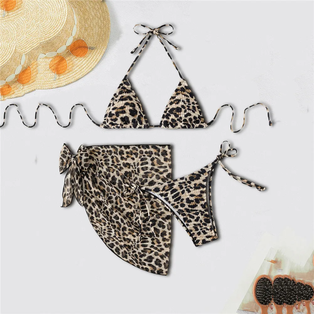 Leopard Print Micro Bikini Thong Cover Up String Halter Swimwear Women Sexy Swimsuit Bathing Suit 3 Piece Bikini Set Beachwear