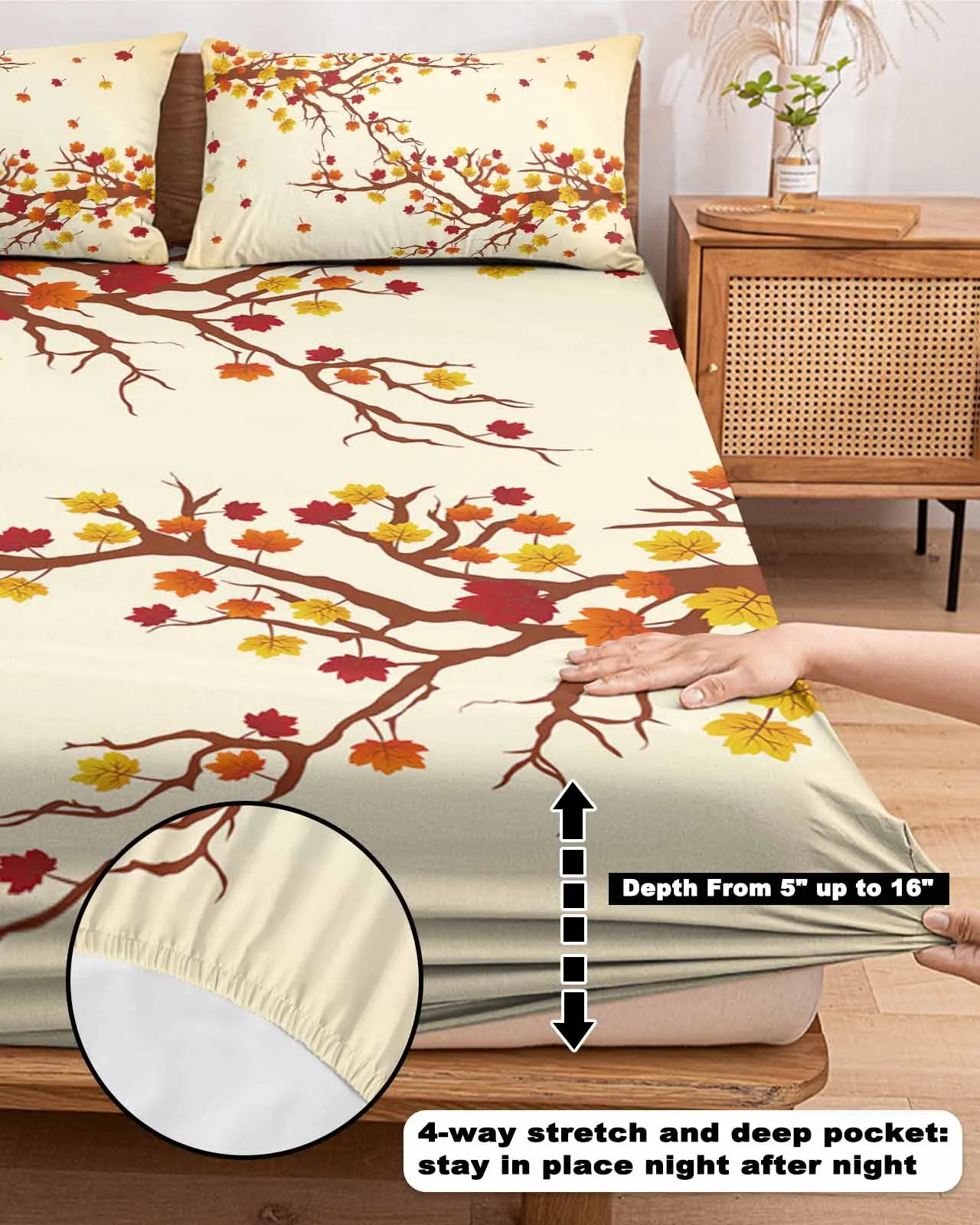 Funda de sábana bajera antideslizante para cama individual y doble, Protector de colchón con banda elástica, hojas deciduas de otoño