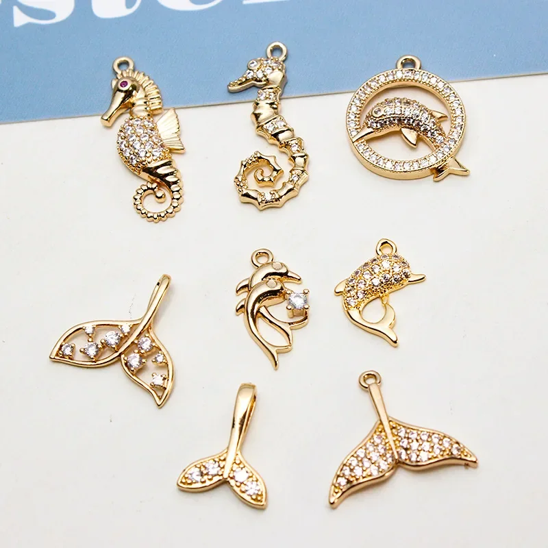 4Pcs Brass 14K Gold Plated Zircon Animal Whale Tail Mermaid Fish Dolphin Charms Pendant for DIY Bracelet Necklace Jewelry Making