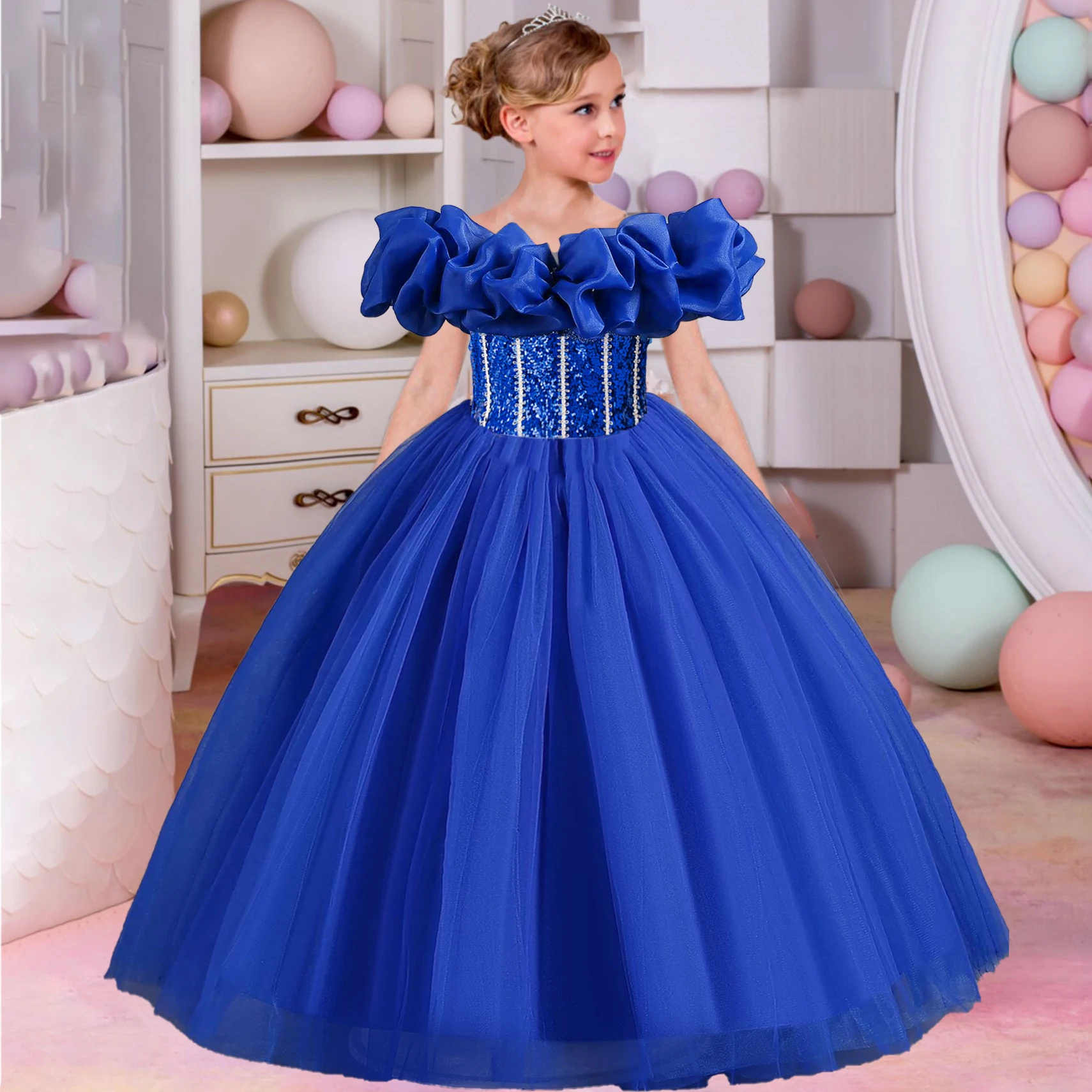 Flower Bridesmaid Girls Party Dress Elegant Sequin Wedding Princess Prom Gown Dresses Birthday Graduation Ceremony Kids Clothing