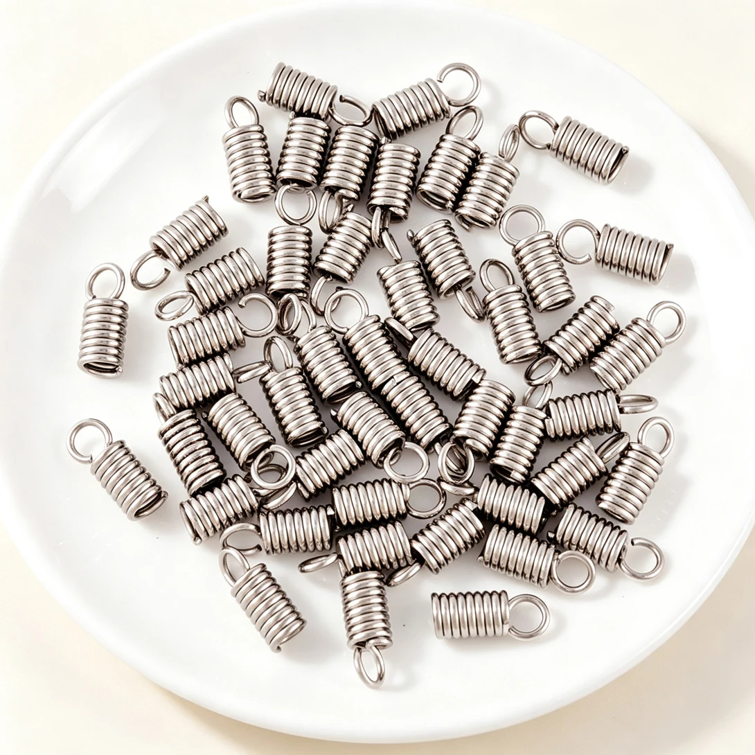 50Pcs Stainless Steel Spring Coil Cord End Clasp Spiral End Cap with Loop For Leather Cord Bracelet Necklace DIY Jewelry Finding