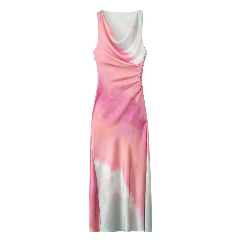 Estate 2024 Midi Dr da donna Stampa tinta stropicciata Stampa floreale Split 00% Altro materiale Svel Ele Sle Casual Pezzo singolo