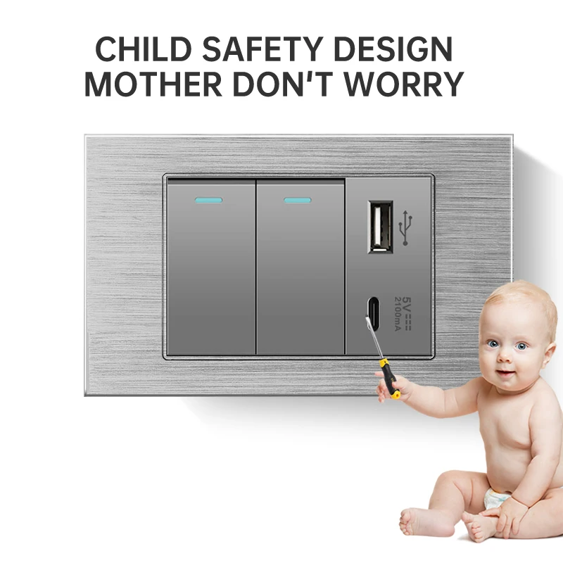 

ELEGAN Grey Aluminium panel Thailand Standard Type C America Outlet Plug 118i*72mm Wall Socket Light Switch Fast Charge With USB