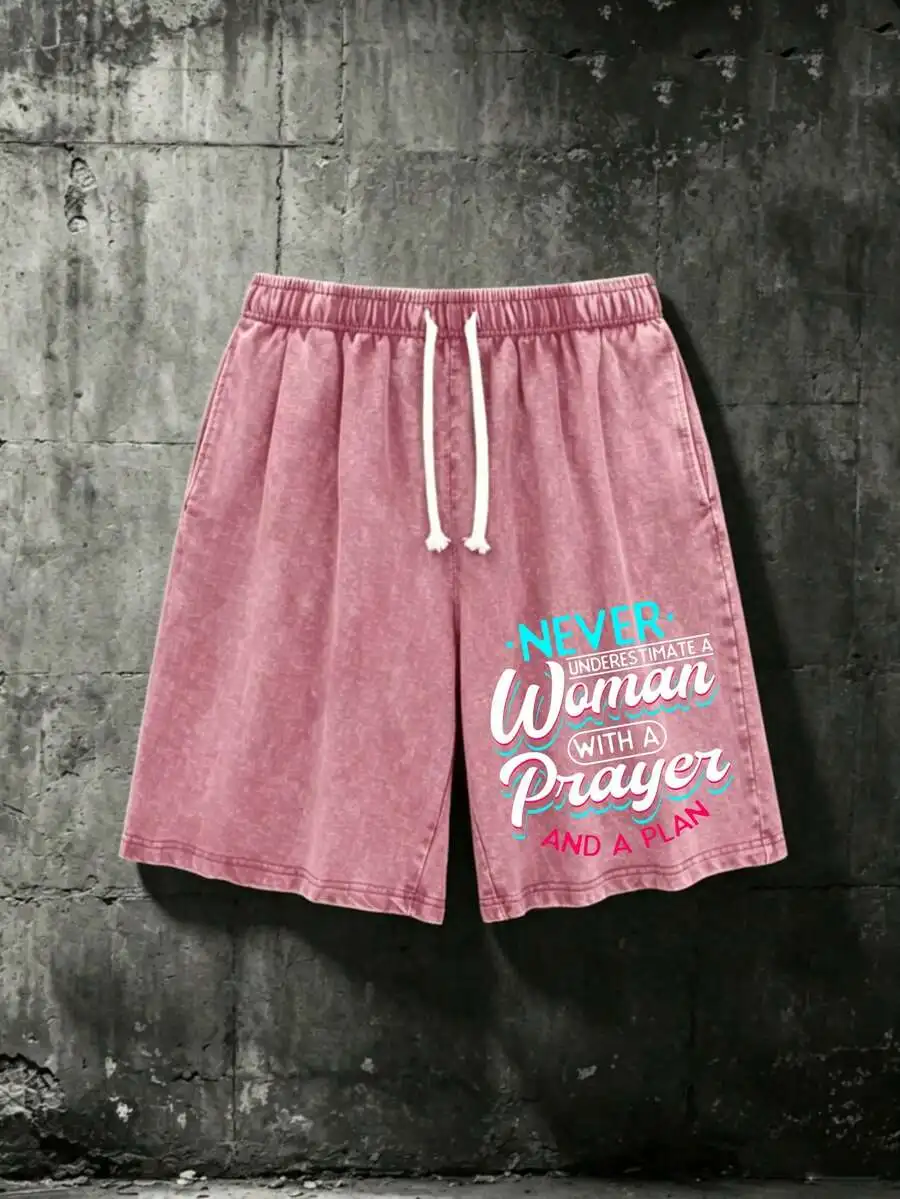 Mens Cotton Washed Shorts With Prayer And Plan Print Casual Summer Beach Shorts