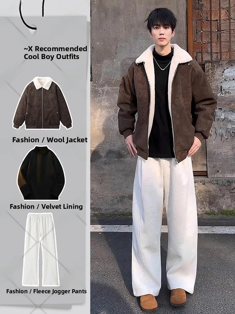 

Коричневая мужская куртка из искусственной кожи с отделкой из овечьей шерсти, теплая, модная, повседневная, весенняя, молодежная, популярная