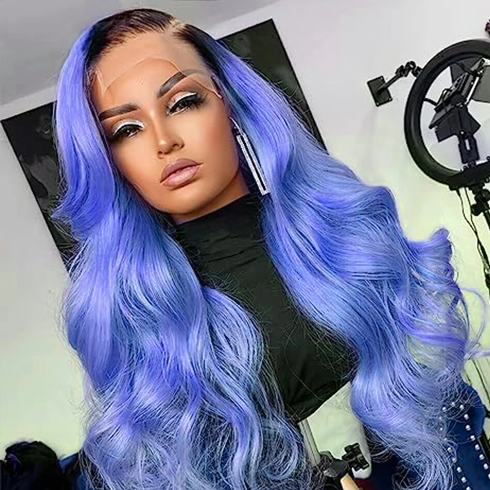 AIMEYA Ombre Blue Synthetic Lace Wigs for Women Body Wave 13X4 Lace Front Wig Natural Hairline Synthetic Wig Cosplay Party Wigs