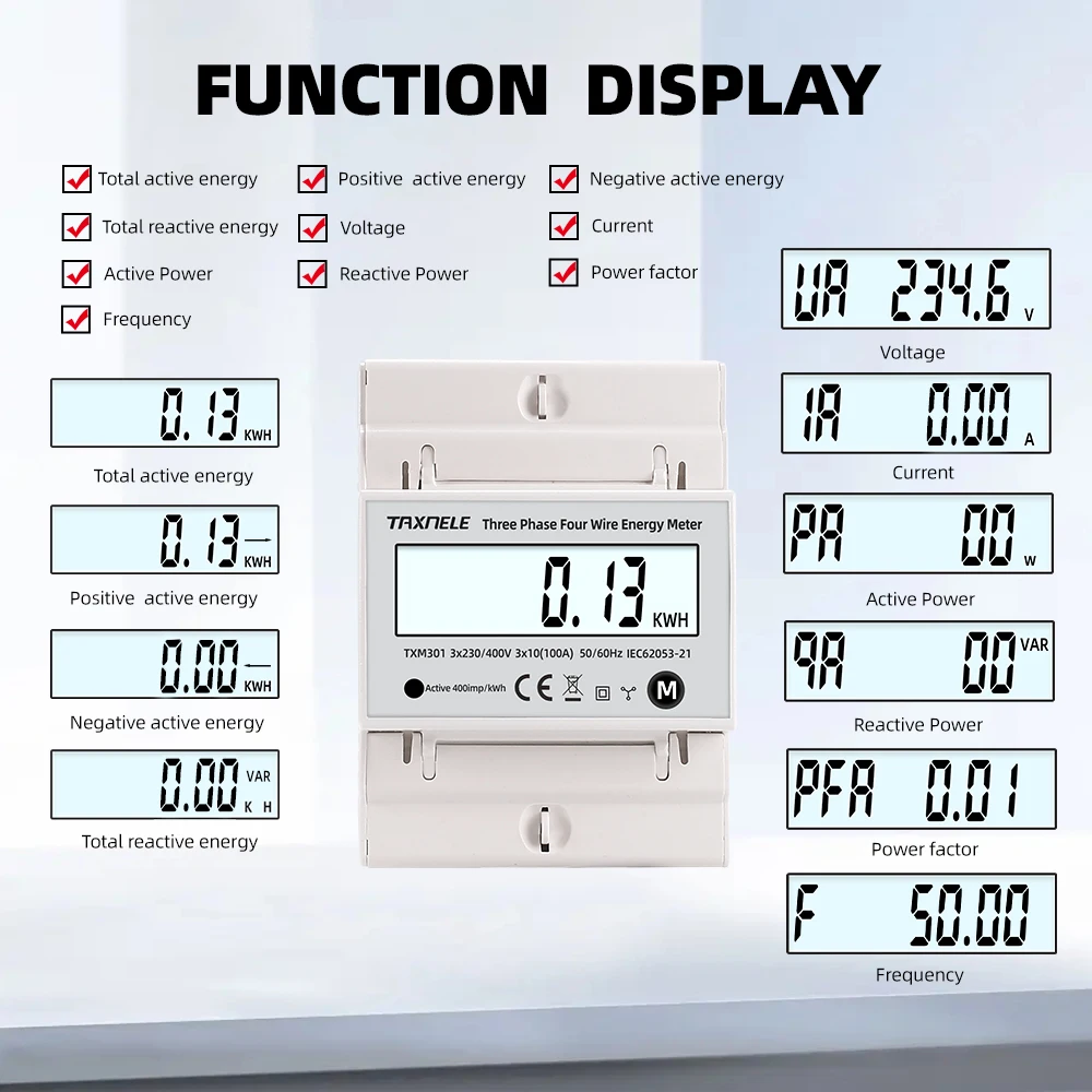 Multifunction 380V 3 Phase 4 Wire Wattmeter Power Bidirectional Energy Meter KWH Voltage Current 100A AC 50Hz 60Hz Solar PV