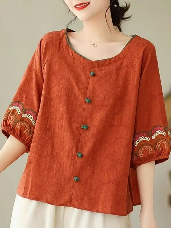 

plus Size Women's Embroidered Cotton Linen Loose T-irt Spring Autumn New Sle Middle-Aged Mom Meat Covering Slimming Top