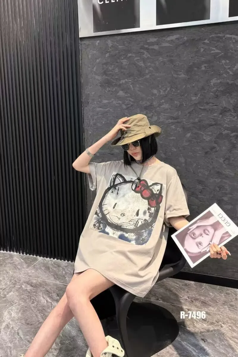 

Korean Style Summer New Loose Cartoon Hello Kitty Print Pure Cotton Oversized T Shirt Cute Kawaii Short Sleeved T Shirt Women