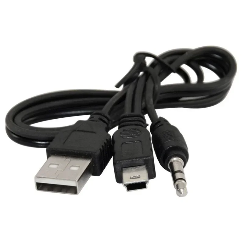 High Quality Black USB2.0 A Male To Mini B Male + 3.5mm Audio AUX 1 To 2 Audio CableAdapter Charger Cable Cord 0.5m 1pcs