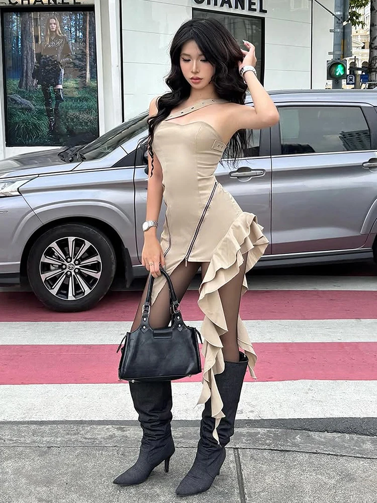 Sisterlinda-vestido con dobladillo Irregular para mujer, sin mangas, con volantes, borla, cremallera hueca, cuello bajo, Sexy, ajustado de medianoche, ceñido al cuerpo
