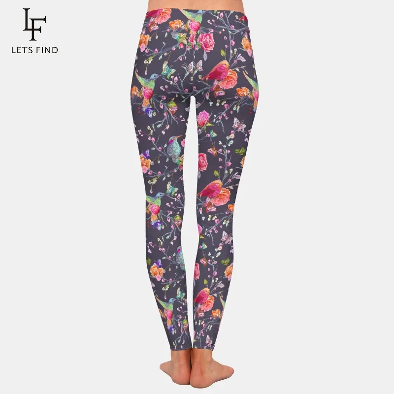Letfind pássaros borboletas e flores impressão digital mulheres leggings de cintura alta alta elástica macia calças de fitness