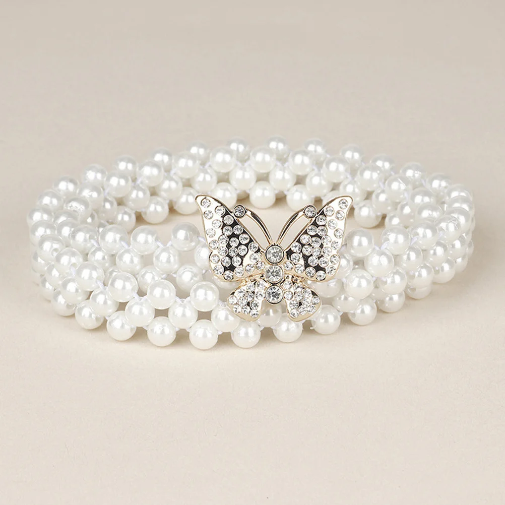 

2Pcs Pearl Waist Belt Elastic Golden Butterfly Waist Chain Rhinestone Dress Belt Jewelry Women Girls Party Casual Event