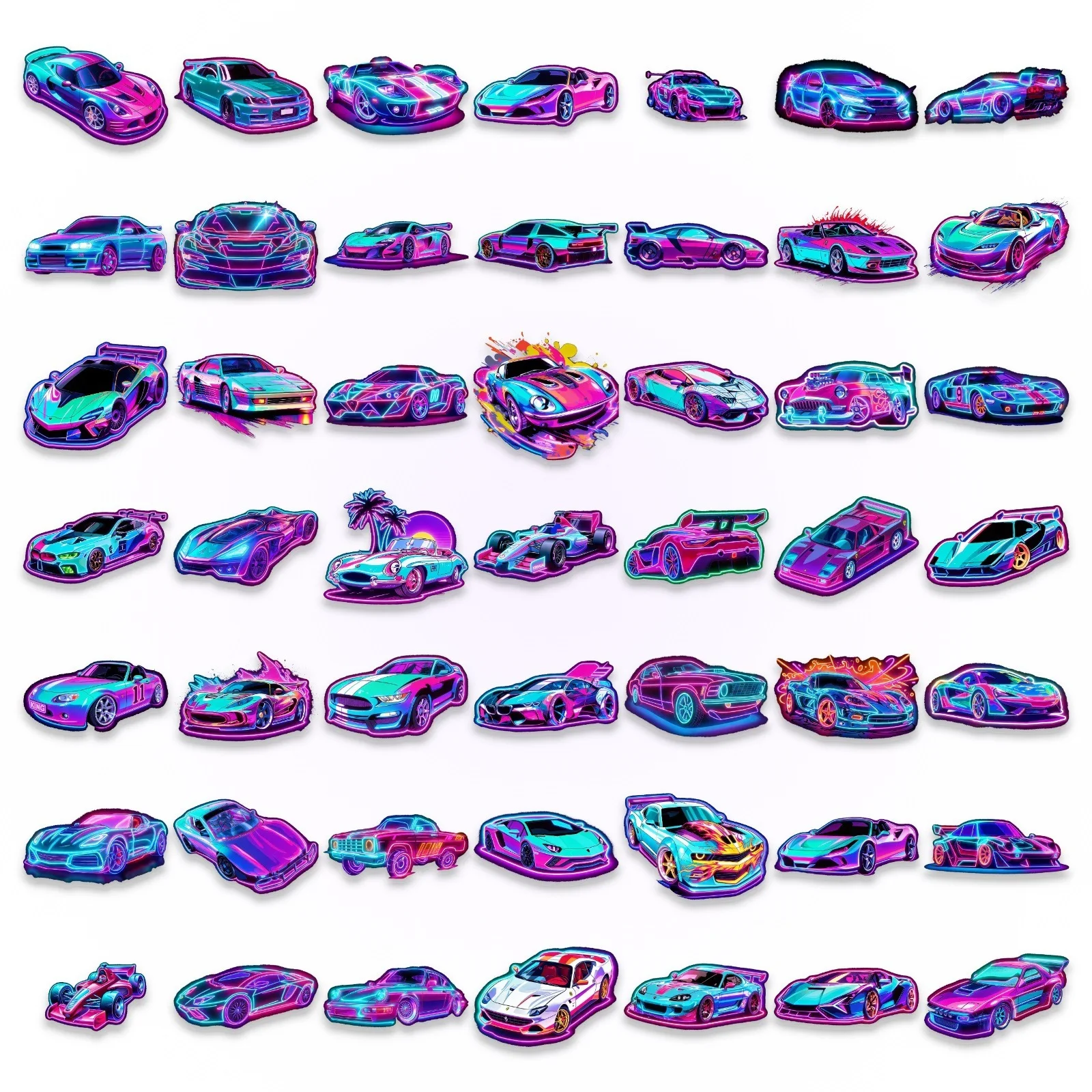 50 Pcs Neon Sports Car Stickers Transparent PET Waterproof Decals for Luggage Journal Helmet Laptop Phone Case Gift