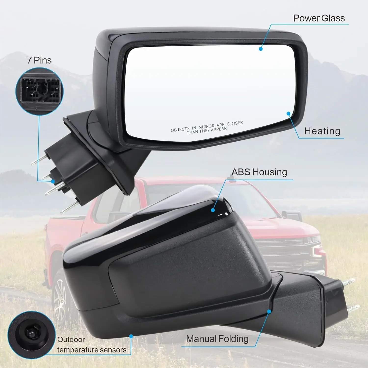 مرآة الرؤية الخلفية المزخرفة بجانب الركاب الأيمن باللون الأسود لسيارة شيفروليه 2019-2021 سيلفرادو 1500 واط لاقط الكابينة الممتد #4