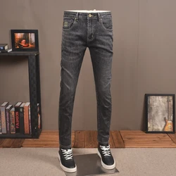 Autumn Black Gray Slim Fit Jeans Men Korean Style Fashion Embroidery Denim Pants