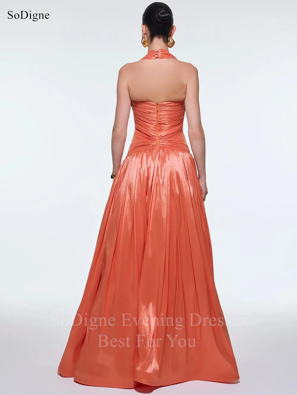 Sodigne chique laranja a linha vestidos de baile sexy plissados halter vestido de festa drapeado até o chão vestidos de baile personalizados