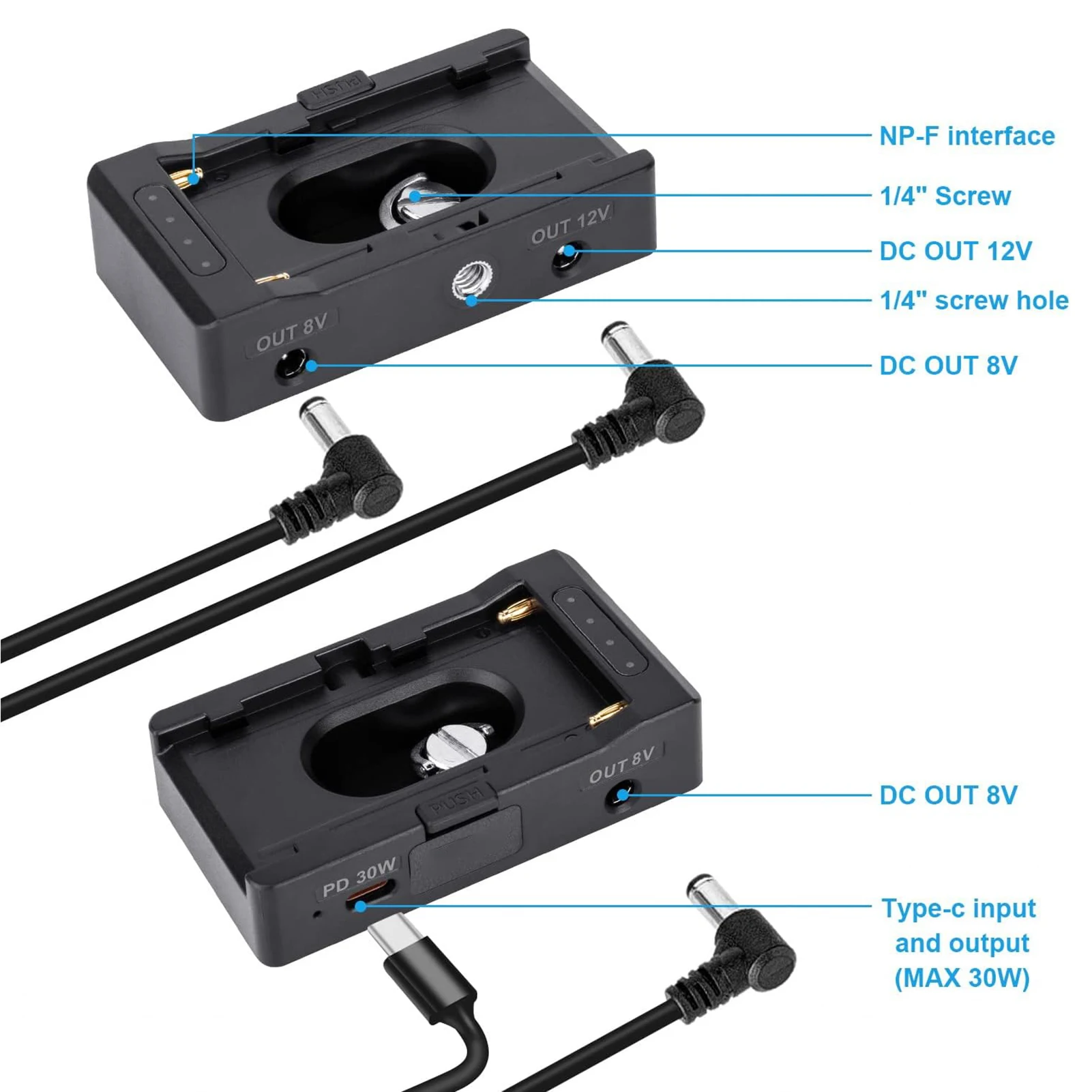 Ładowarka NP-F Płytka adaptera akumulatora z wyjściem DC12V DC8V USB-C 30W PD Adapter zimnej stopki 1/4 cala Otwór na śrubę