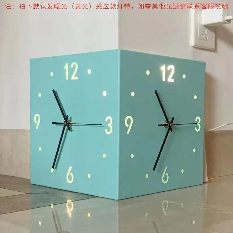 Automatic Induction Lamp Corner Wall Clock Steel Sun Corner Double-sided Wall Clock Digital Hollow Mute Free Punching