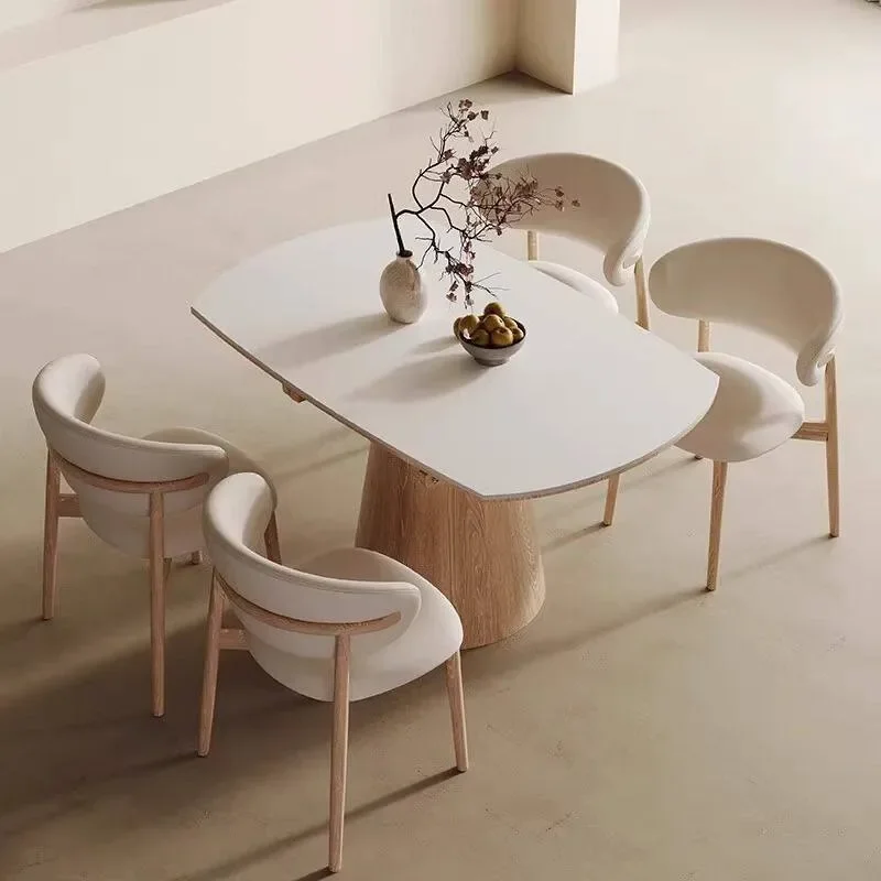 Modern Retro Extendable Round Dining Table Solid Wood Rock Slab Table Chair Set For Small Apartment