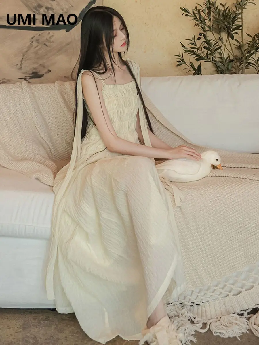 

UMI MAO Original Dress Elegant Chinese Style Summer Pleated Elastic Long Party Lace Up Simple Artistic Dresses Y2K