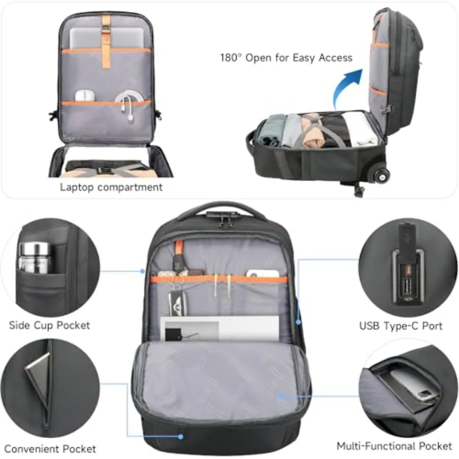 حقيبة ظهر بعجلات على عجلات لمنافذ USB Type-C مقاس 17.3 بوصة للكمبيوتر المحمول بقفل جمركي مدمج - حقيبة ظهر بعجلات #5