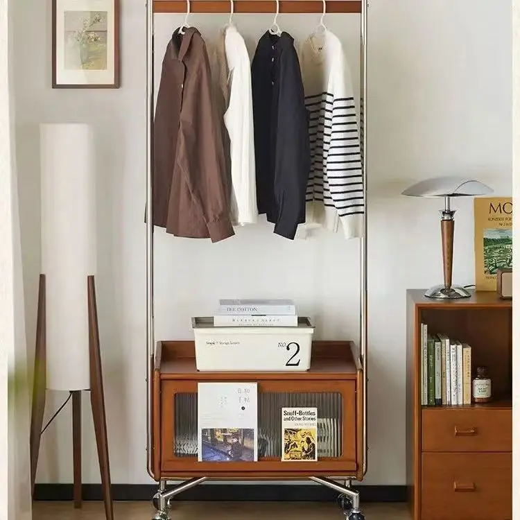Solid wood coat rack: Nordic bedroom mobile floor-standing multifunctional home entryway storage hanging rack