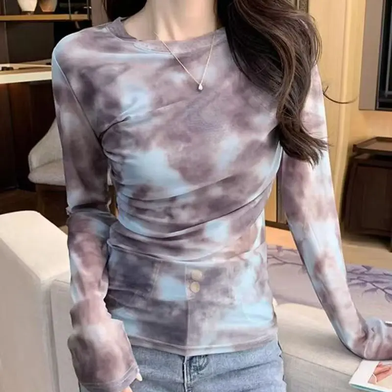 

Весенне-осенняя сетчатая футболка с длинными рукавами, женские футболки, модная футболка с принтом тай-дай, тонкая рабочая повседневная базовая футболка для вечеринок и клубов