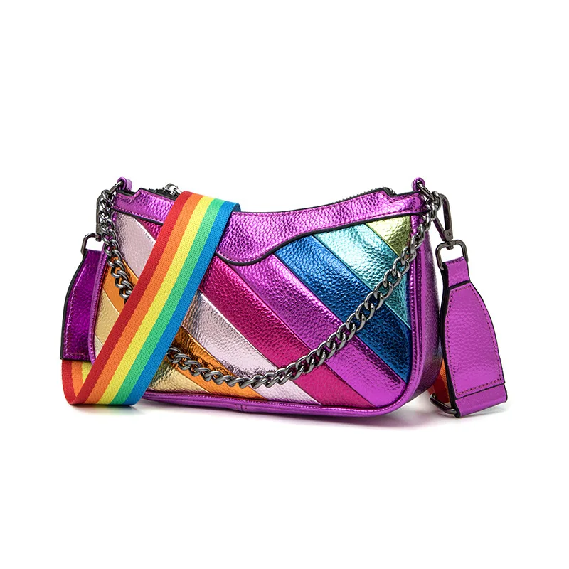 Niche Design Women's Color Blocking Splicing Chain Crossbody Bag Ladies PU Rainbow Handbag Ins Shoulder Bag