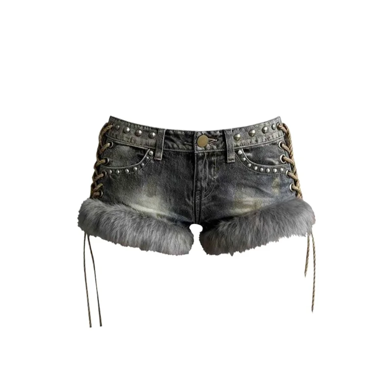 Y2k Spice Girl غسلها الرجعية زغب الربط برشام الدنيم السراويل النسائية منخفضة الخصر واسعة الساق السراويل الساخنة