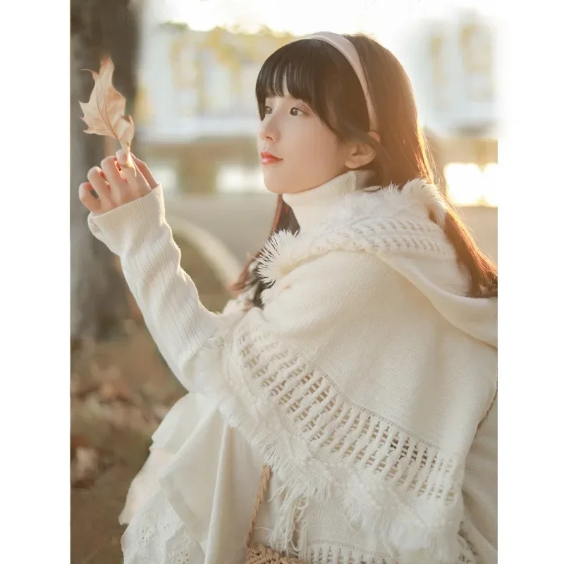 Women Chic Bohemian Tassel Hooded Capes Solid Colors Tassel Knit Sweaters New Warm Autumn Winter Capes Long Sleeve Indie Ponchos