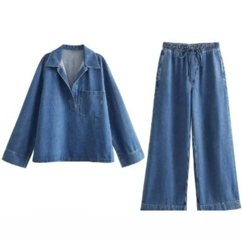 

European American Women's Clothing Popular Fashion Loose Pullover Lapel Long-sleeved Denim Top Pants Cover Fashion Temperament