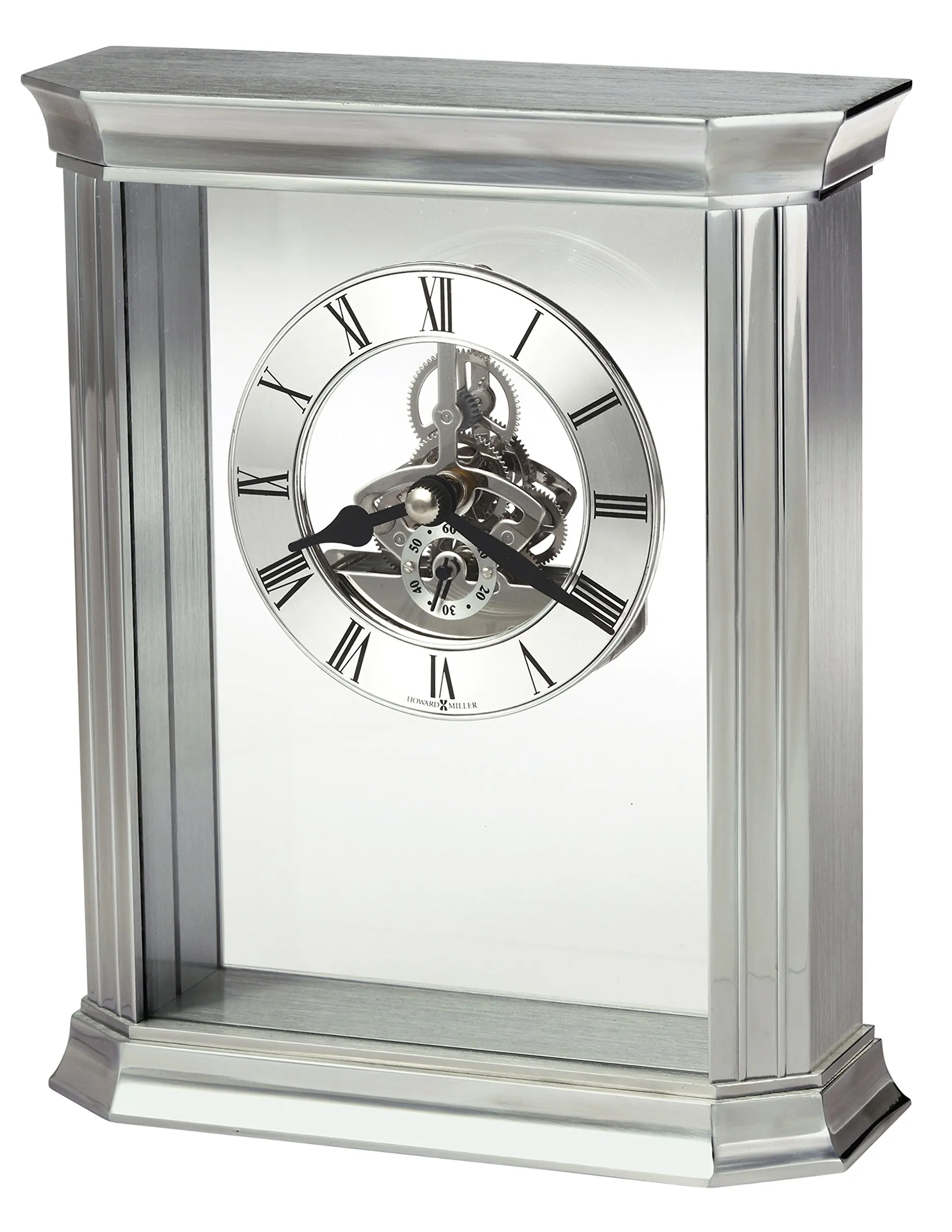 Rothbury Silver Tabletop Clock – Skeleton Movement, Roman Numerals, Battery Operated Desk & Mantel Clock