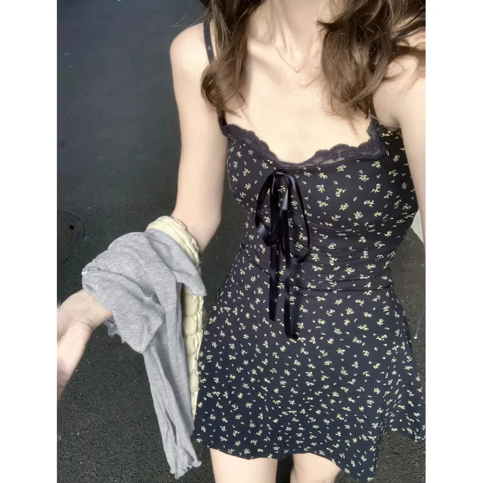 Women's Bodycon Navy Floral Camisole Dress And Plain Knit Cardigan Set Petite Slim Fit Fall Outfit Chic Vacation Cover-Up Spring