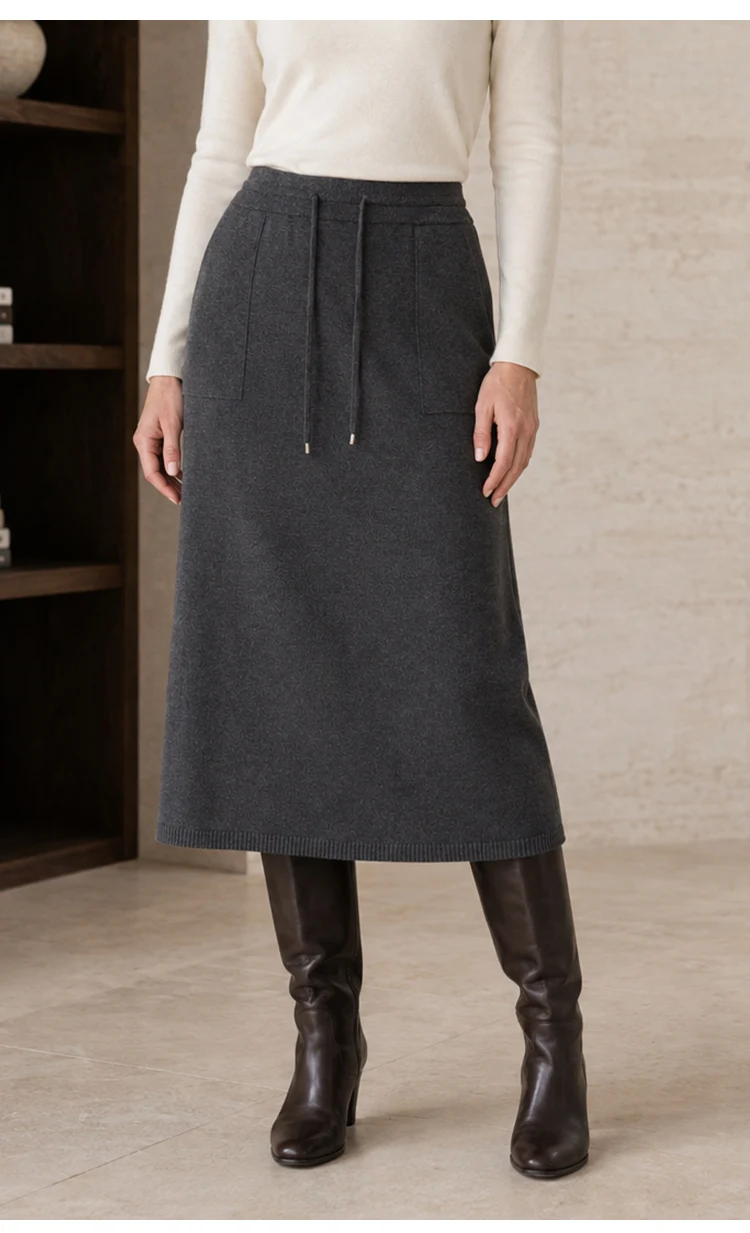 ML62132 Damen Strick-Midirock mit hoher Taille, Kordelzug, aufgesetzter Tasche, weicher Modal-Mix, A-Linie, lässiger Herbst-Winter-Rock – Detail 6