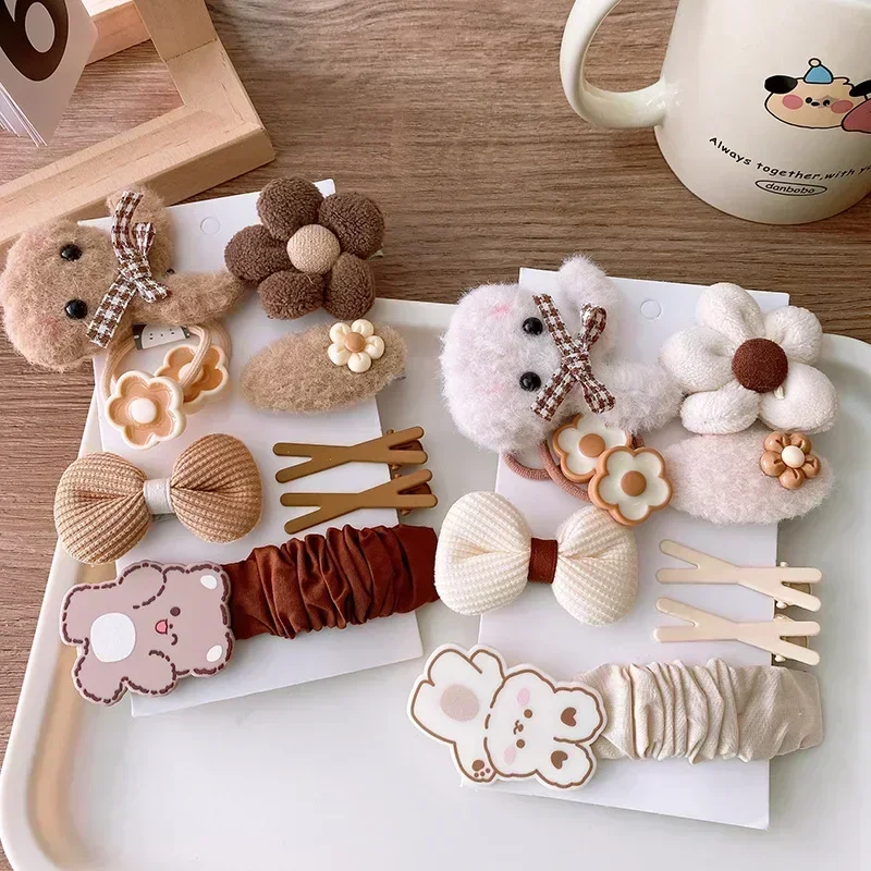 Korean 10pcs  Lovely Children Hair Clip Hair Band for Toddler Girls Retro Coffee Color Hairpin Hair Rope Kawaii Kids Headwear