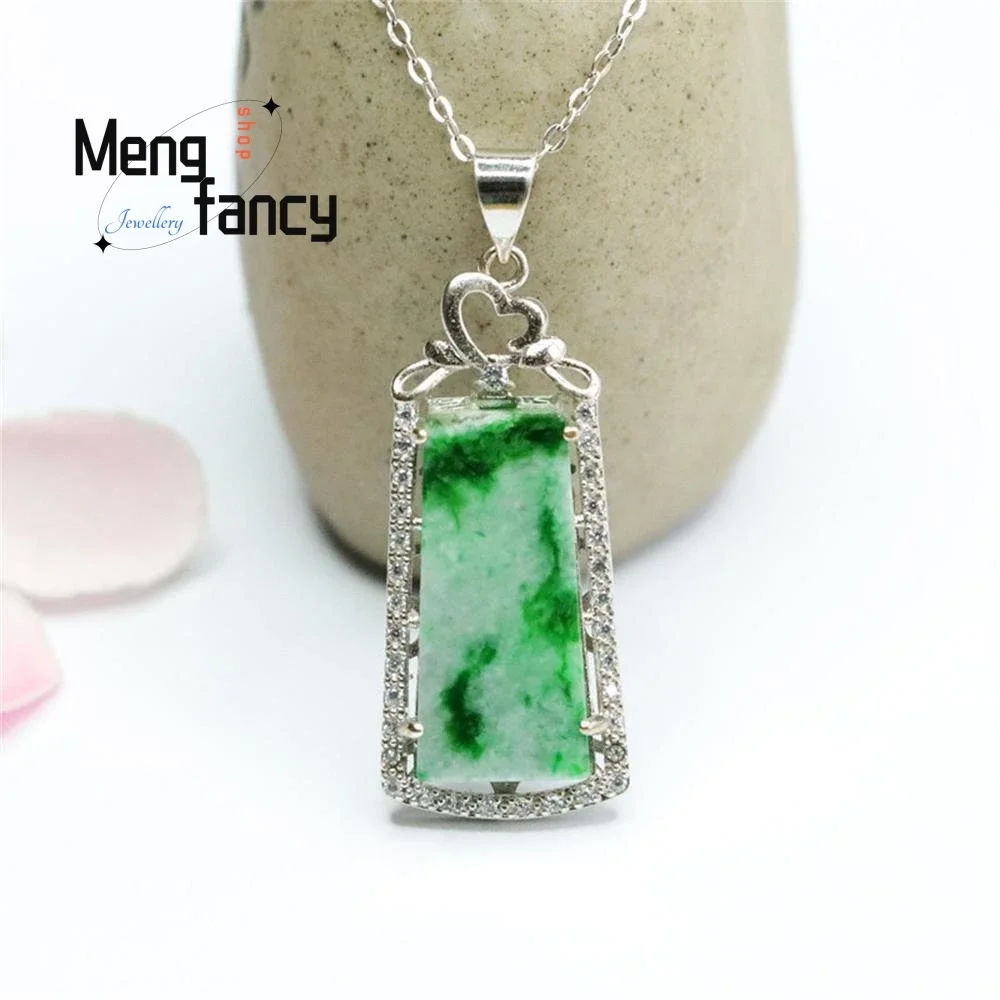 

S925 Silver Lnlaid Natural Jadeite Floating Flower Green Wushi Pai Pendant Exquisite Elegant High-grade Luxury Quality Jewelry